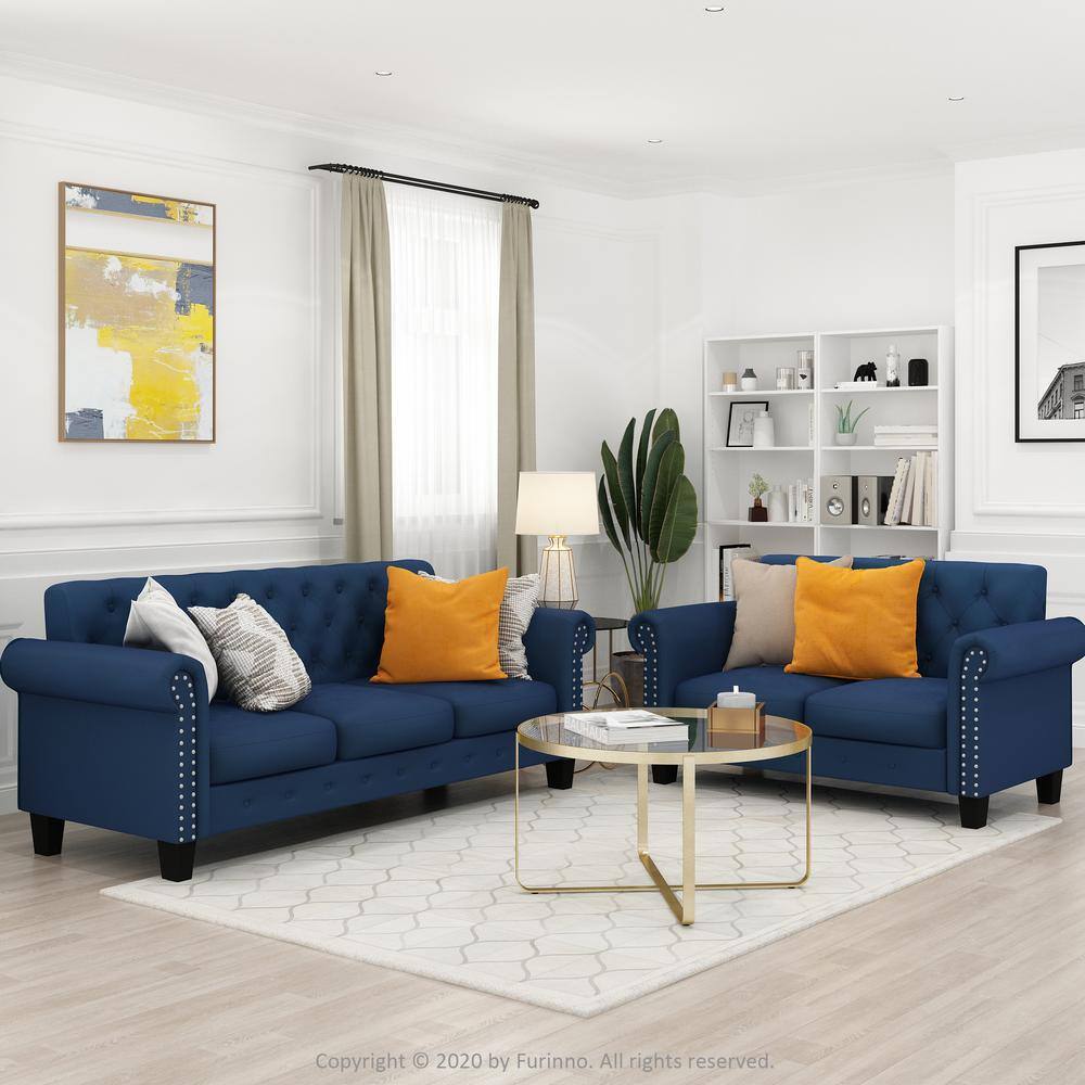 Navy Velvet Tufted Chesterfield Loveseat with Nailhead Trim