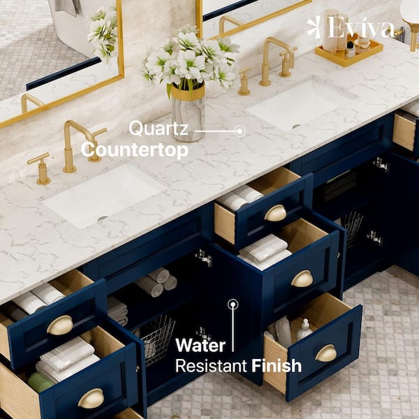 Eviva Epic 96 in. Double Sink Blue Bath Vanity with White Carrara