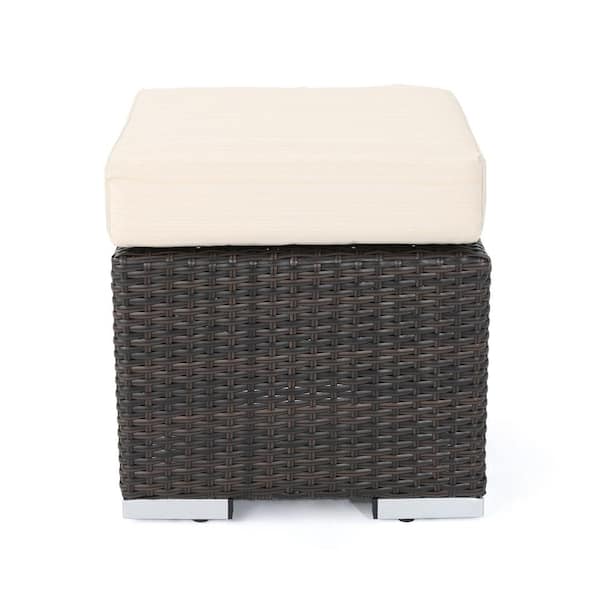 Noble House Iliana Multibrown Wicker Outdoor Patio Ottoman with Beige Cushion
