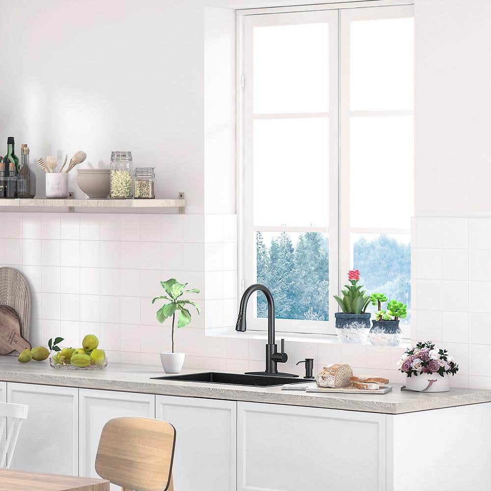 Matte Black Single Handle Pull Down Kitchen Faucet with Soap Dispenser