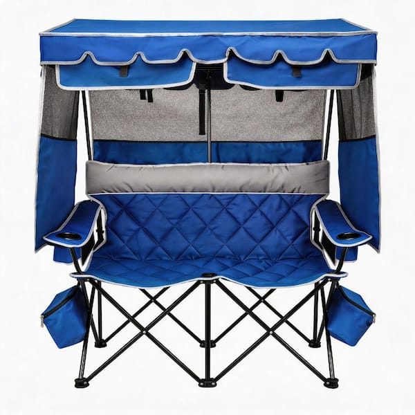 Oversized Double Camping Chair with Adjustable Canopy,660 lbs Capacity, Folding Loveseat Chair w/2 Detachable Coolers