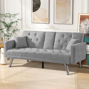 75.59 in. Gray Linen Twin Size Sofa Bed Convertible Futon Couch Loveseat with Cup Holders, Pillow for Apartment