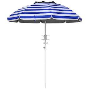 5.5 ft. Metal Portable Beach Umbrella in Blue Stripes with Tilt, Adjustable Height, 2 Cup Holders and Hooks