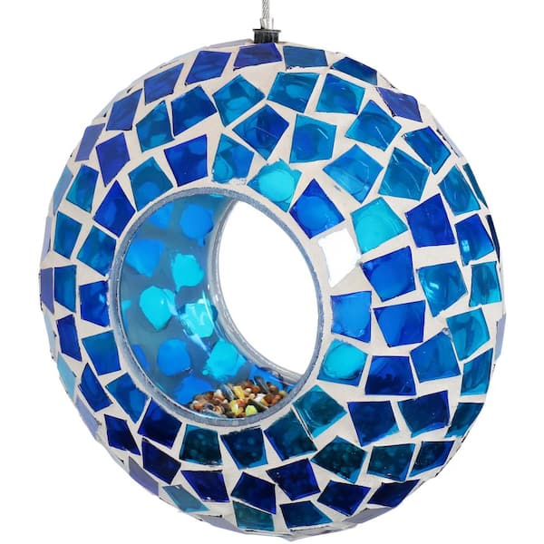 Sunnydaze Outdoor Hanging Bird Feeder Blue Mosaic Fly-Through Design 6" 