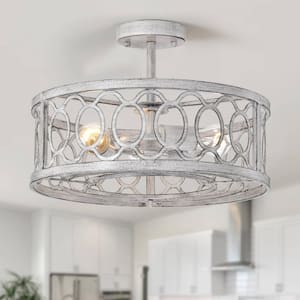 18 in. 3-Light Vintage White Chandelier Light Fixture with Caged Metal Shade