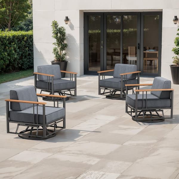 Puffin Swivel Glider Black Metal Frame Outdoor Rocking Chairs with 6 in. Thick Dark Gray Olefin Cushions (4-Pack)