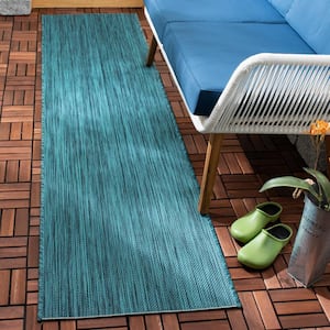 Beach House Turquoise 2 ft. x 10 ft. Solid Striped Indoor/Outdoor Patio  Runner Rug