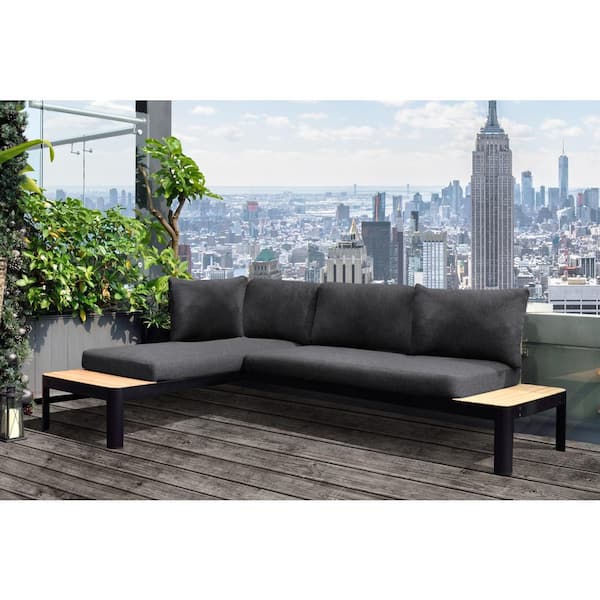 Armen Living Portals Black 2-Piece Aluminum Outdoor Patio Conversation Set with Charcoal Cushions and Natural Teak Wood Accent