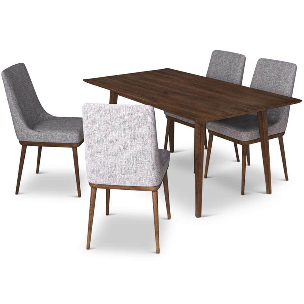 Alena 5-Piece Mid-Century Rectangular Walnut Top 63 in. Dining Set with 4 Fabric Dining Chairs in Gray