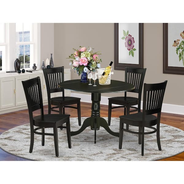 5-Piece Black Finish Solid Wood Top Dining table with 4 Chairs with Drop Leaf Slat Back