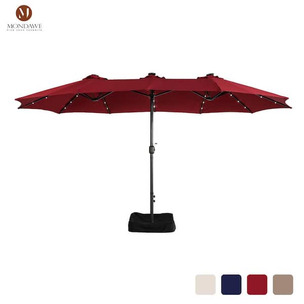 Mondawe 15 ft. Patio Market Umbrella Double-Sided Outdoor Patio Umbrella,UV Protection with Base & Solar LED Lights in Burgundy