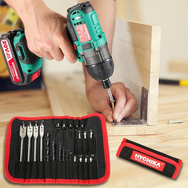 Metal and Plastic HYCHIKA Drill Combo Kit Cordless Drill Driver 20V Max 35Nm and Impact Driver 2x1.5Ah Batteries,1H Fast Charging,300/150lm LED Flashlight,22PCS Accessories for Drilling Wood 