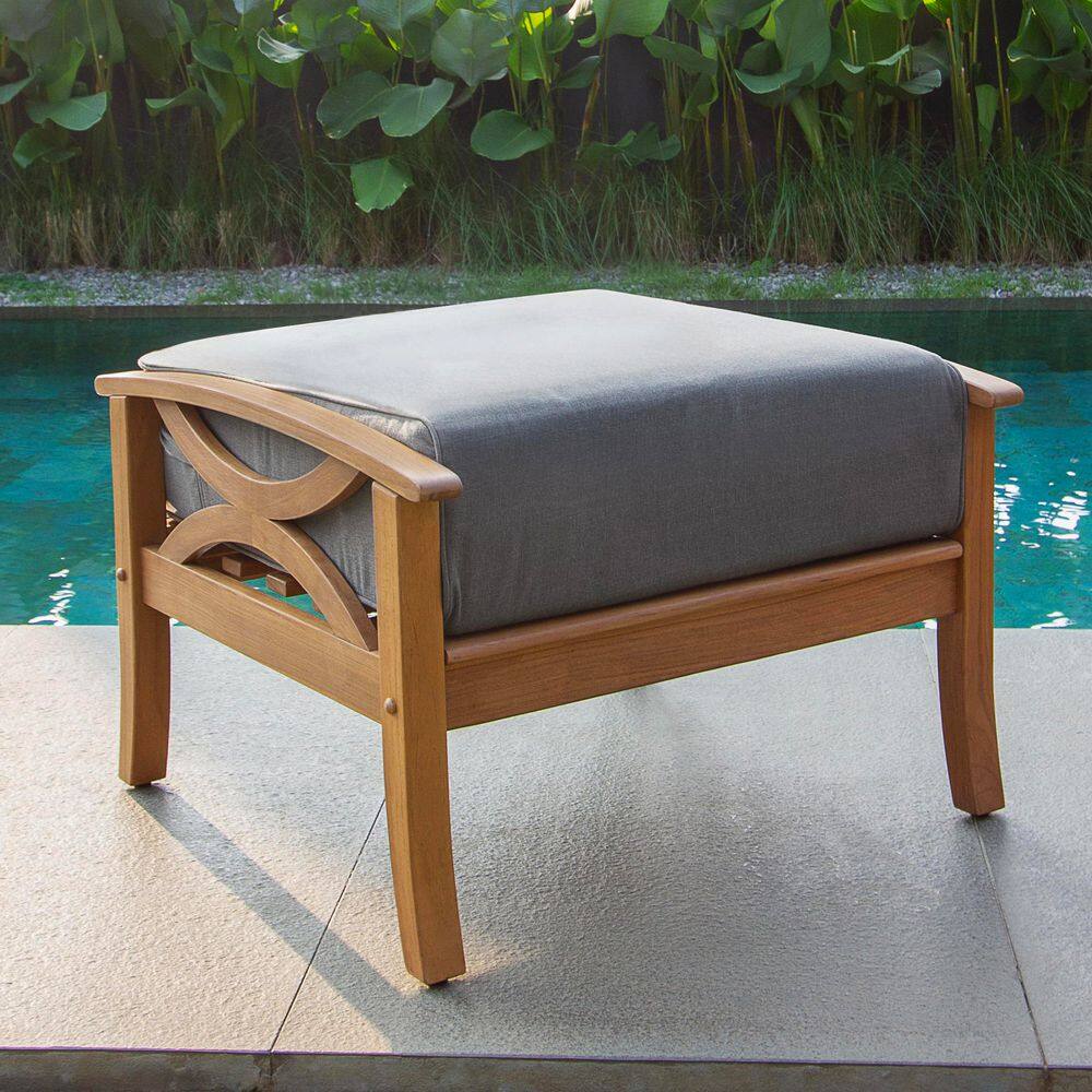 Kinsley Premium Indonesia Teak Wood Outdoor Ottoman with Gray Cushion