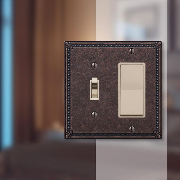 Imperial Bead 2 Gang 1-Toggle and 1-Rocker Metal Wall Plate - Tumbled Aged Bronze