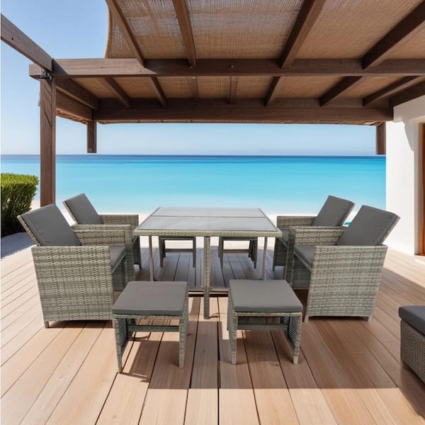 Unbranded Grey 9-Piece Wicker Outdoor Dining Set, Patio Space Saving Rattan Chairs with Glass Table, Grey Cushions and Back