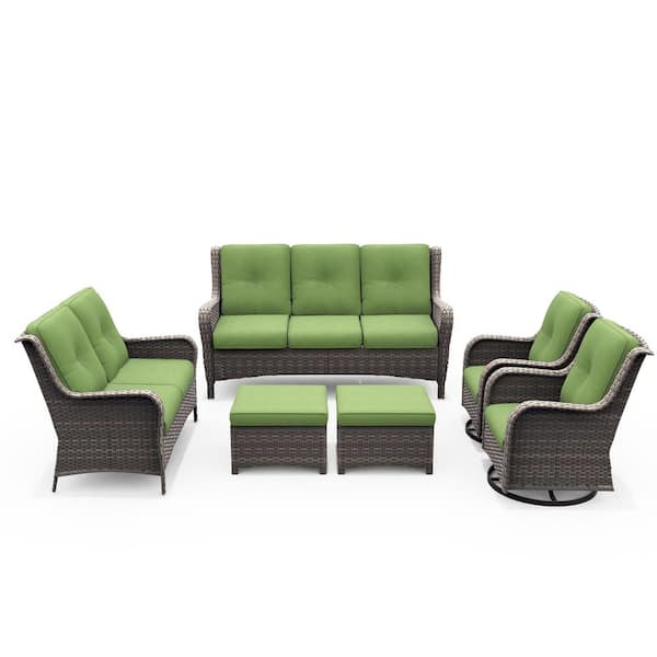 Patio Furniture Set 6-piece Wicker Outdoor Patio Conversation Set with Green Cushions