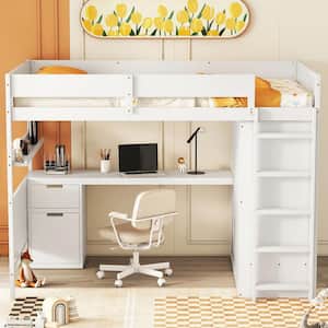 White Full Size Loft Bed with Wardrobe, Desk, Drawers and Shelves