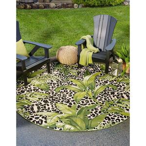 Outdoor Botanical Andromeda Green 6 ft. 1 in. x 6 ft. 1 in. Area Rug