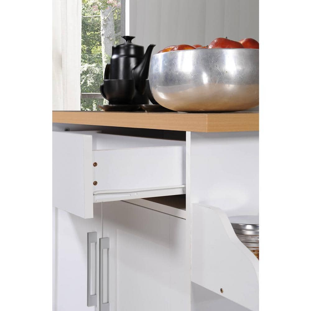 White Kitchen Island with Beech Top, Spice Rack, and Towel Rack