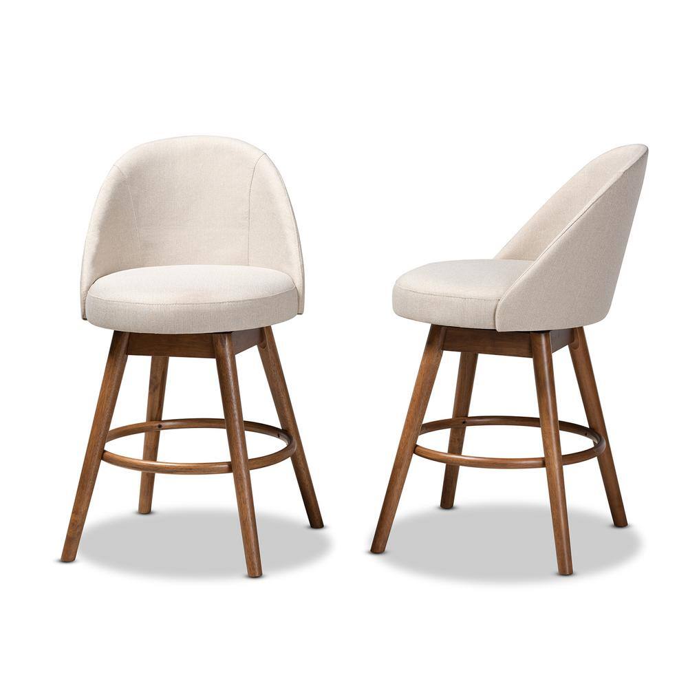 Light Beige Fabric Upholstered Walnut Wood Swivel Counter Stool Set