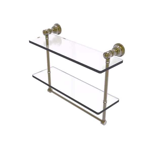 Allied Brass Carolina Collection 16 in. x 9.5 in. x 5.54 in. Brass Rectangular Double Glass Shelf with Towel Bar in Antique Brass