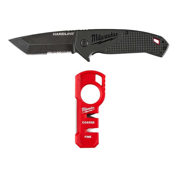 Milwaukee 3 in. Hardline D2 Steel Serrated Blade Pocket Folding Knife with Compact Jobsite Knife Sharpener (2-Piece)