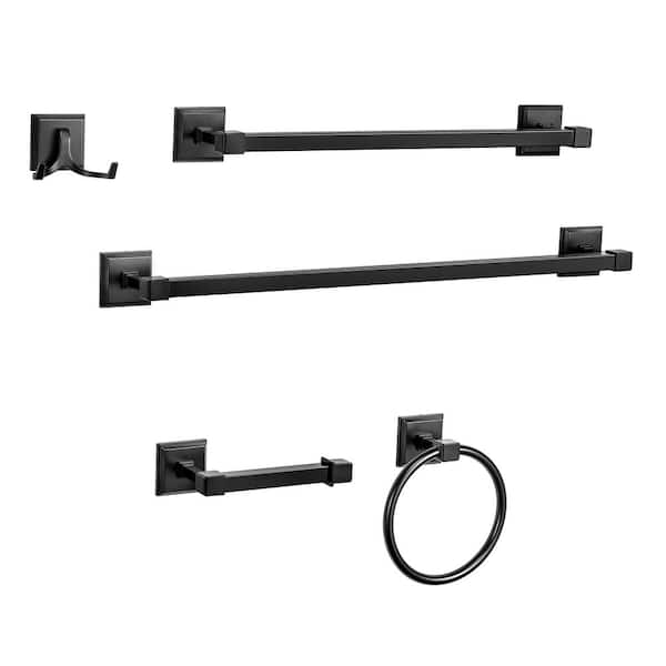 Vanity Art Antony 5-Piece Bath Hardware Set with Towel Hook and Ring Toilet Paper Holder Towel Bars in Matte Black