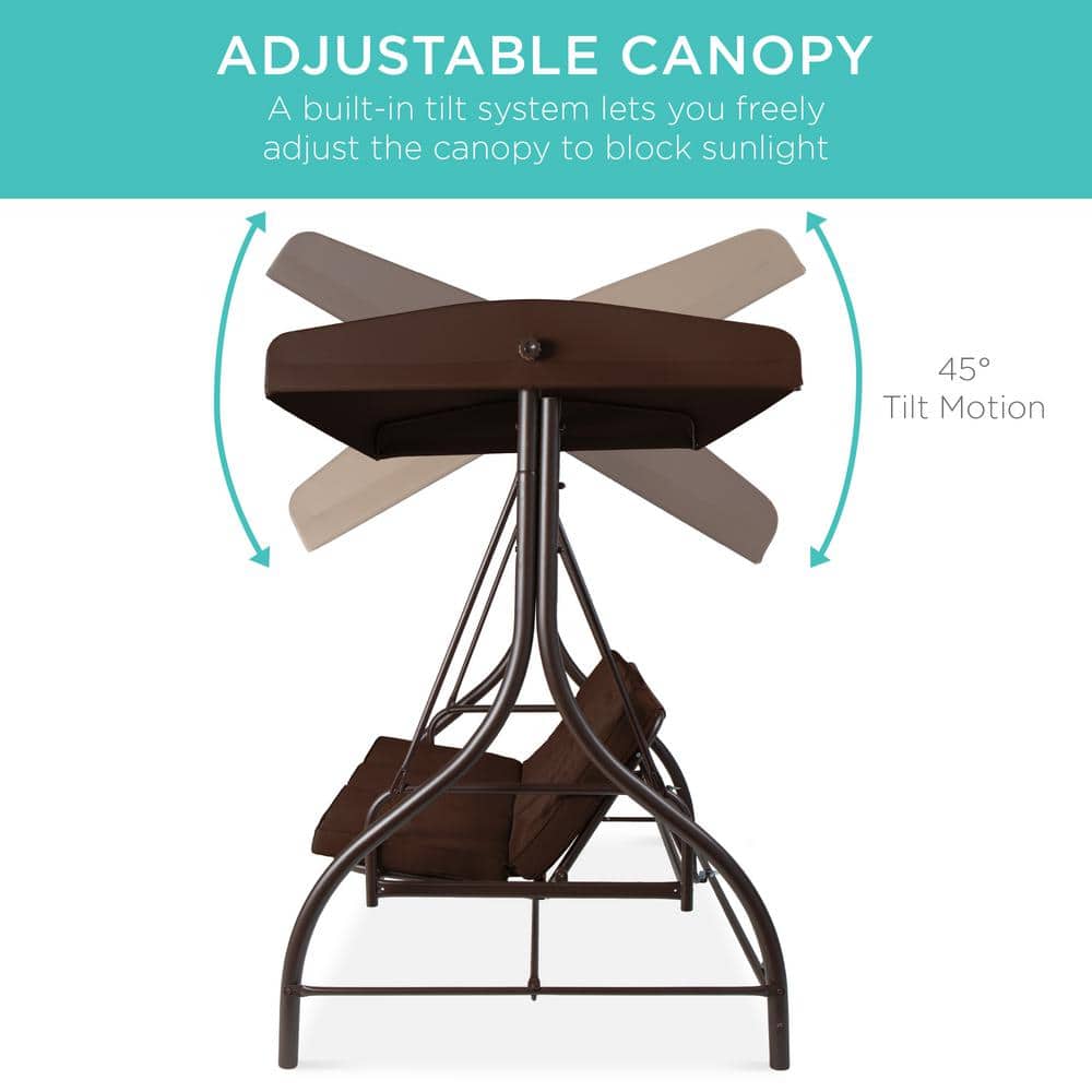 Brown 3-Seat Outdoor Canopy Swing Glider with Cushions