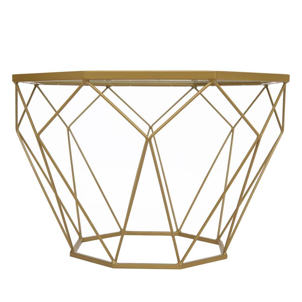 Malibu 22" Gold Octagon Glass Coffee Table with Geometric Metal Base