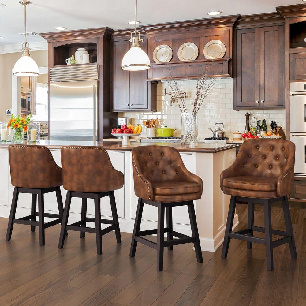 Range Counter Stool Corlekala 26 in. Brown Faux Leather Solid Wood Swivel Counter Height ...