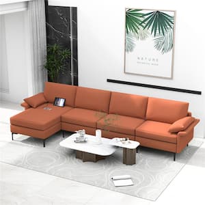 130.5 in. W Square Arm 4- Piece Polyester Modular Modern Sectional Sofa with Reversible Chaise and 4 USB Ports Red