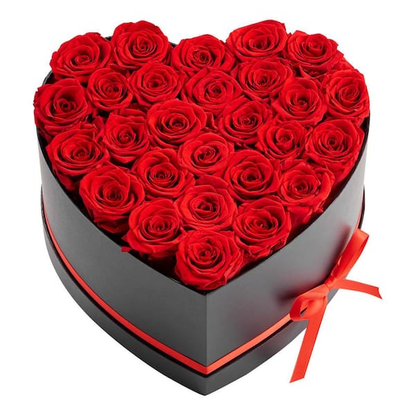 27 Preserved Roses in a Heart-Shaped Box, 5.91 in. Red Indoor Artificial Rose in Black Basket Container, Long-Lasting
