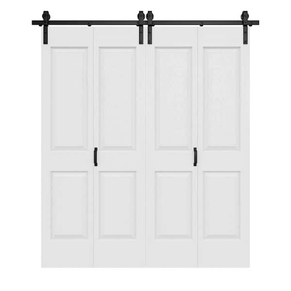 72 in. x 84 in. Easy Install 4-Panel White Primed MDF Composite Bi-Fold Sliding Barn Door with Hardware Kit and Handle