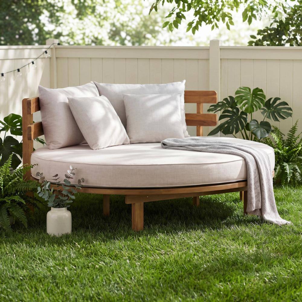 Wood Round Patio Daybed, Outdoor Lounger with Cushion and 4 Pillows for Backyard, Poolside