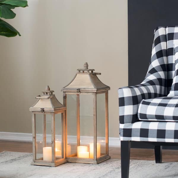 Unbranded Natural Brown Wood and Glass Candle Lantern Hurricane Lantern Holder for Indoor Outdoor, Home Garden Wedding 2-Pack