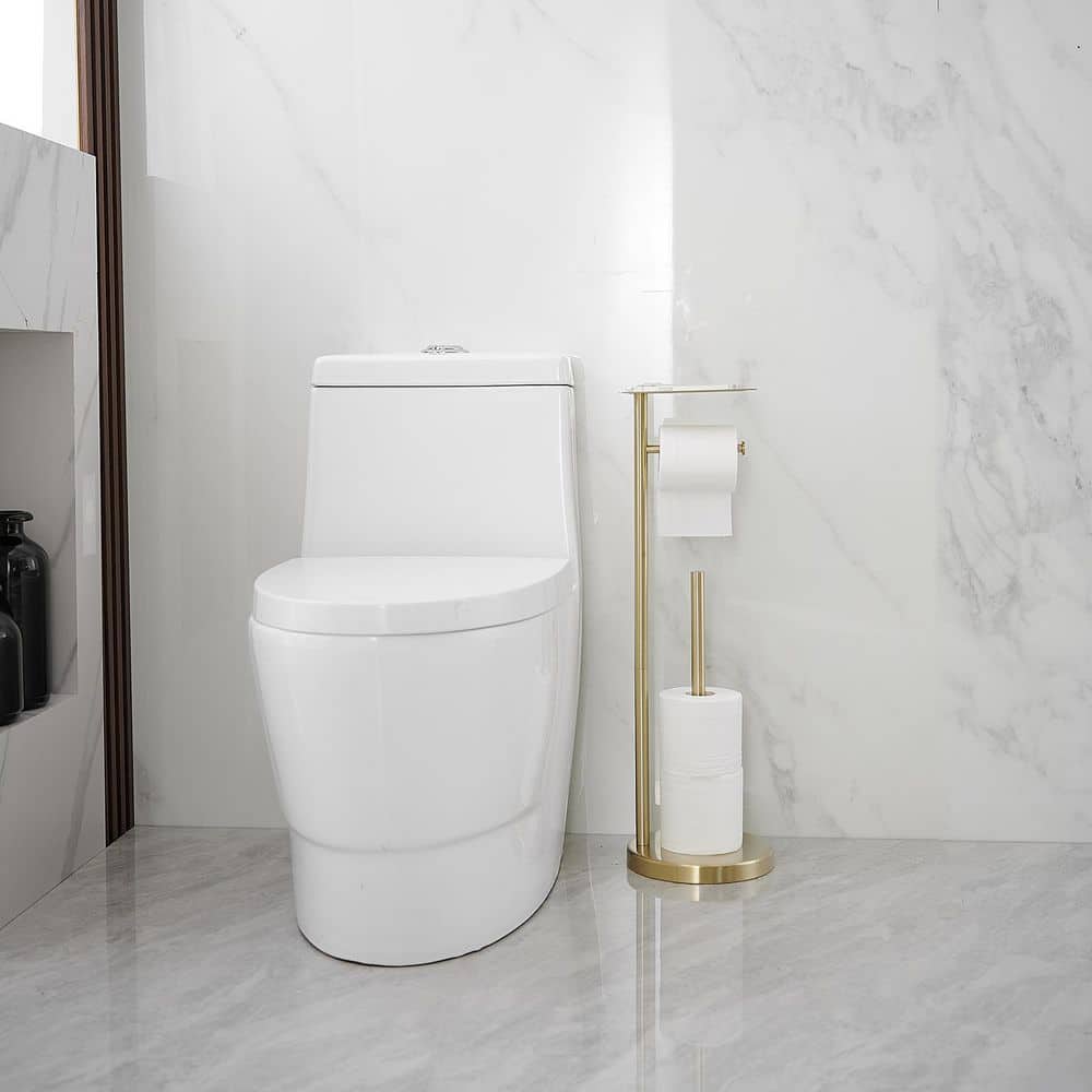 Brushed Gold Freestanding Toilet Paper Holder with Storage Shelf