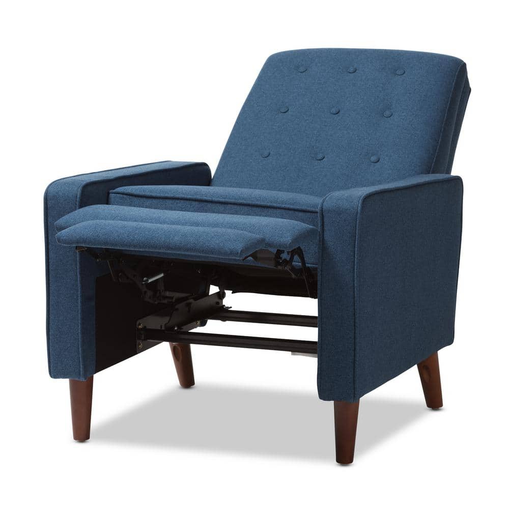 Mid-Century Modern Blue Fabric and Walnut Wood Recliner