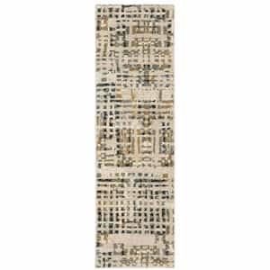 2' X 8' Beige Grey Blues Orange Yellow And Ivory Abstract Power Loom Stain Resistant Runner Rug