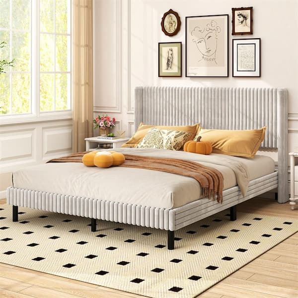 Queen Size Velvet Bed frame Upholstered Platform Bed in White with Wingback Headboard