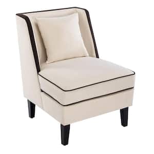 Cream Velvet Upholstered Accent Chair with Black Piping, One Pillow, Rubber Wood Legs, Wingback Design