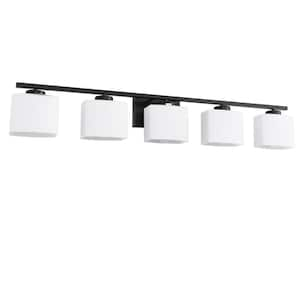 40 in. 5 Light Matte Black Modern Square Vanity Light with Milk White Glass Shades for Large Mirror in Bathroom