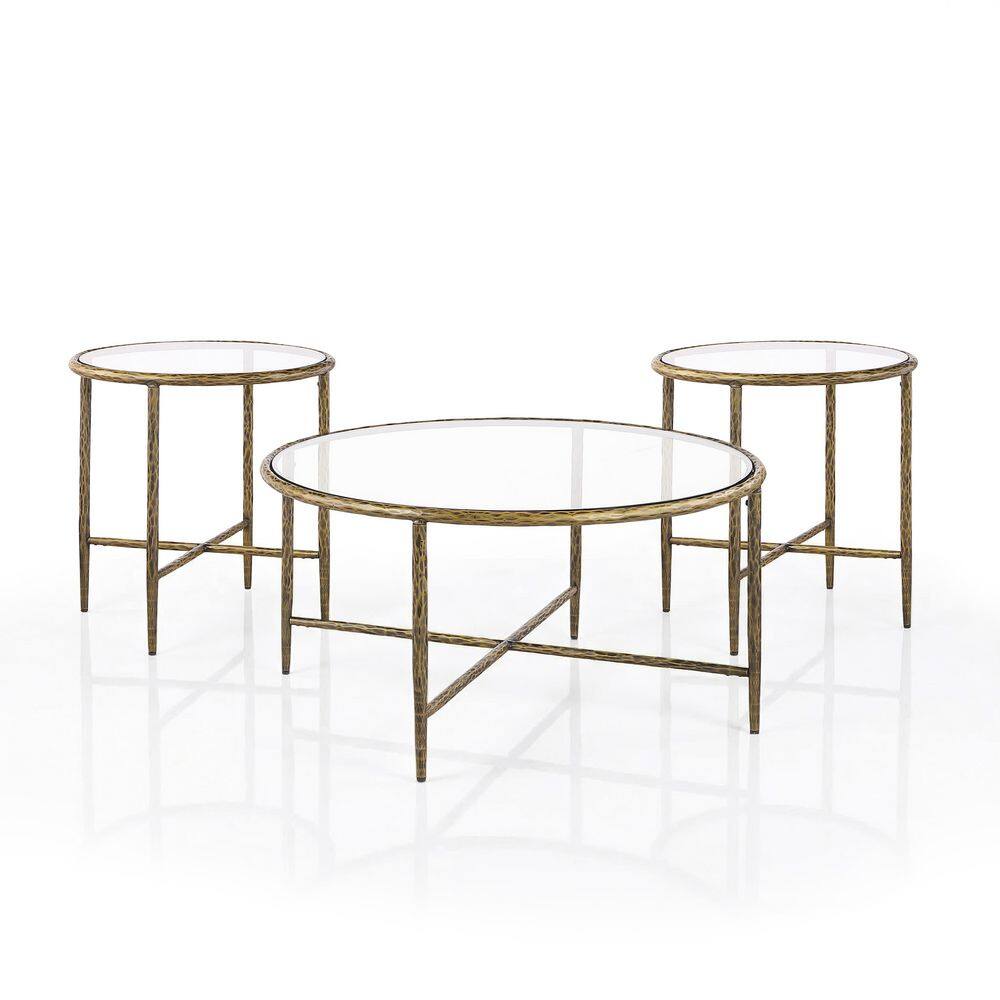Parto 36 in. Forged Metal Gold Round Glass Top Coffee Table Set With 3 Pieces price history on PriceWatchPro