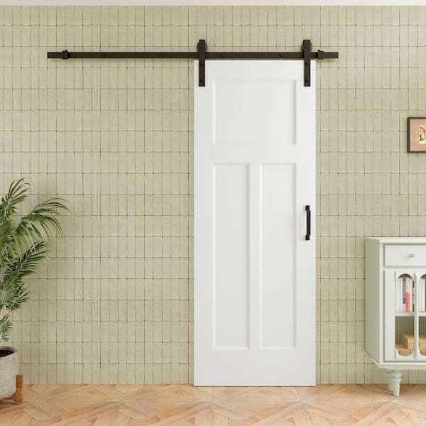 30 in. x 80 in. T Shape 3-Panel Solid Core White Primed MDF Assembly Required Sliding Barn Door with Hardware Kit