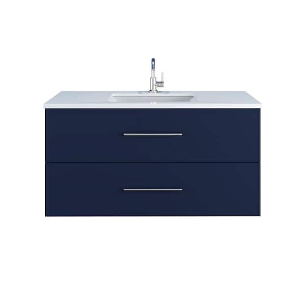 VOLPA USA AMERICAN CRAFTED VANITIES Napa 48" W x 22" D x 21-3/8" H Single Sink Bathroom Vanity Wall Mounted in Navy Blue with White Quartz Countertop