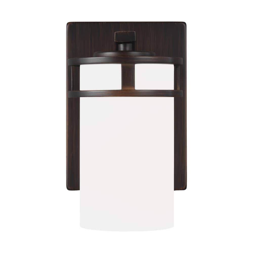Bronze 1-Light Cylinder Wall Sconce with Etched Glass Shade