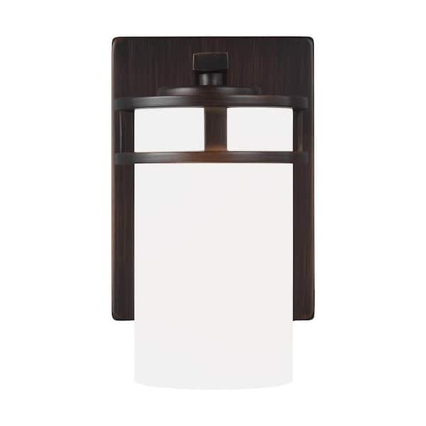 Generation Lighting Robie 5 in. 1-Light Bronze Transitional Bathroom Vanity Light Wall Sconce with Etched White Glass Shade