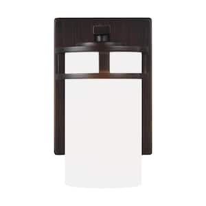 Robie 5 in. 1-Light Bronze Transitional Bathroom Vanity Light Wall Sconce with Etched White Glass Shade and LED Bulb