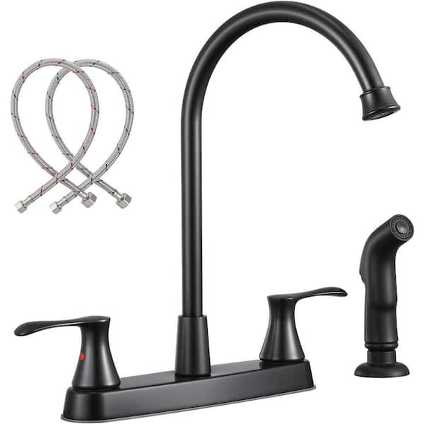 Double Handle Deck Mount Standard Kitchen Faucet 4 Hole Kitchen Sink Faucet with Sprayer in Matte Black