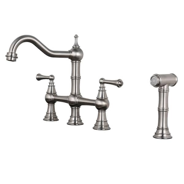 Brass 8 in. Double Handle Bridge Kitchen Faucet with Brass Valve, Side Sprayer and Supply Lines in Brushed Nickel