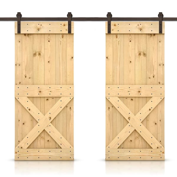 CALHOME Mini X 44 in. x 84 in. Unfinished Stained DIY Solid Pine Wood Interior Double Sliding Barn Door with Hardware Kit